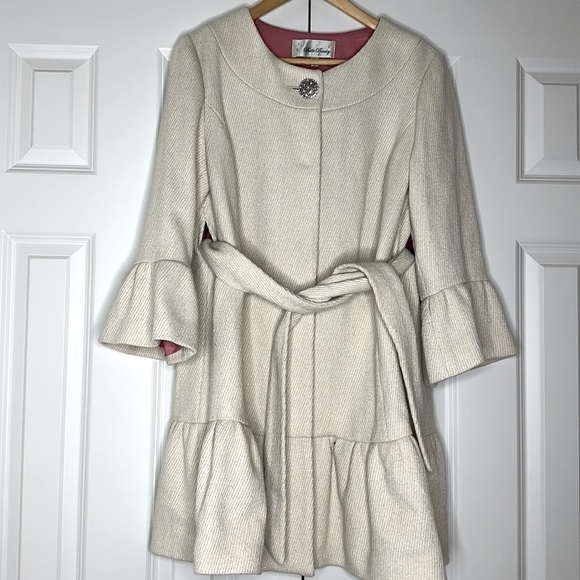 Beth Bowley Wool Blend 3/4 Sleeve Ruffle Coat Cream Metallic Thread Sz12 - Picture 1 of 11